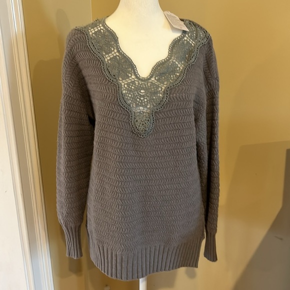 None Sweaters - NWT Women’s Hand Woven Gray Sweater with Lace V-Neck